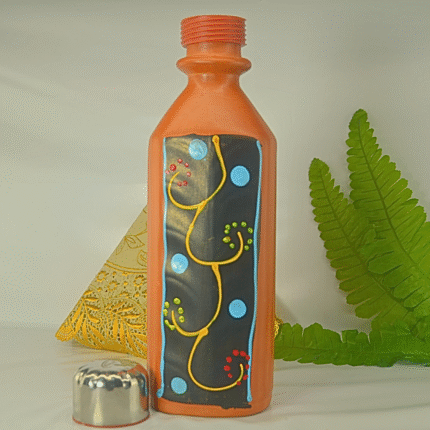 Handcrafted Terracotta Water Bottle with Artistic Design, Steel Lid, Traditional Clay Cooling