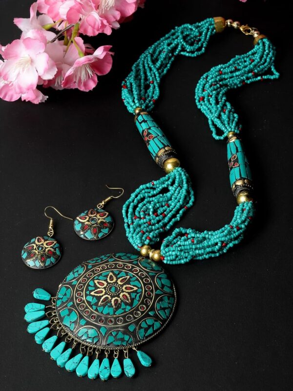 Fashion Latest Stylish Traditional Tibetan Pendant Necklace Jewellery Set for Women - Image 4