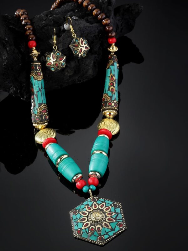 Latest Stylish Traditional Tibetan Pendant Necklace Jewellery Set for Women - Image 3