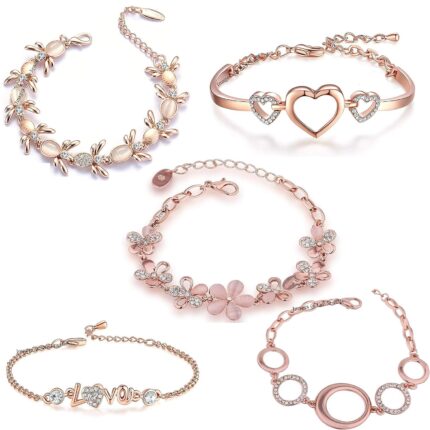 Valentine Gift Rose Gold Plated Jewellery Combo Of 5 Adjustable Chain Bangle Bracelet Emblished With White Crystal Elements Fitted for Girls & Women CO1000280 (Pink)