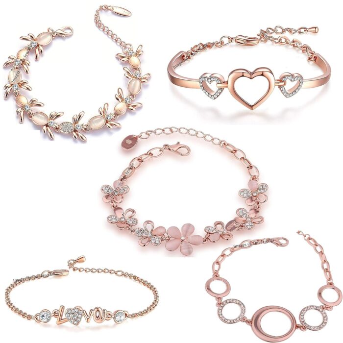 Valentine Gift Rose Gold Plated Jewellery Combo Of 5 Adjustable Chain Bangle Bracelet Emblished With White Crystal Elements Fitted for Girls & Women CO1000280 (Pink)