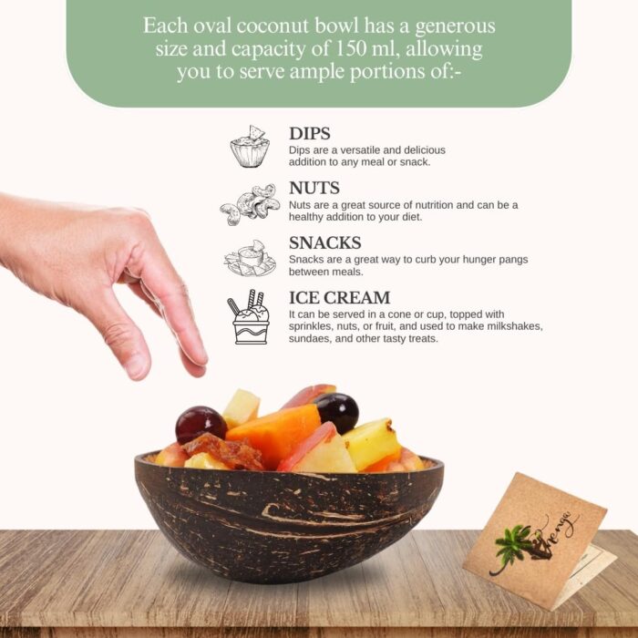 Thenga Natural Oval Coconut Shell Bowls - Set of 10, 150 ML, Perfect for Ice Cream, Snacks, Fruits, Salads | Parties & Catering - Image 6