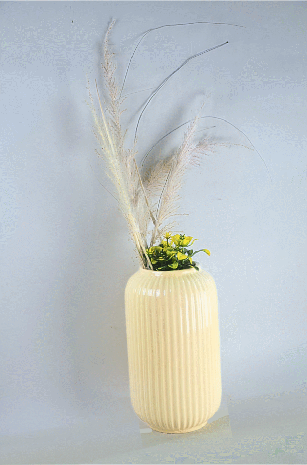 Pastel Yellow Ribbed Ceramic Vase with Pampas & Yellow Floral Arrangement - Image 3