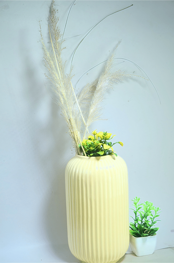 Pastel Yellow Ribbed Ceramic Vase with Pampas & Yellow Floral Arrangement - Image 5