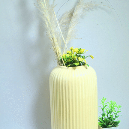 Pastel Yellow Ribbed Ceramic Vase with Pampas & Yellow Floral Arrangement